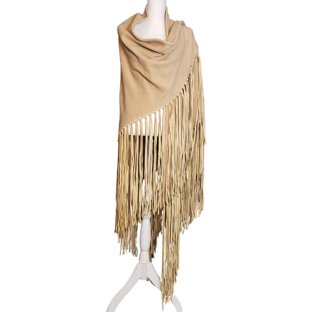 Harrods Knightsbridge Tan Triangle Wools Shawl with Leather Fringe